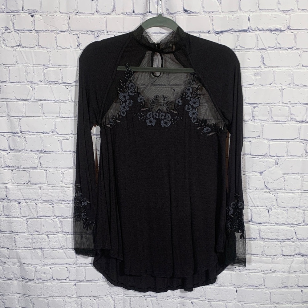 Free People Saheli Mesh Floral Long Sleeve Top Black Blue Floral Size XS Fairy
